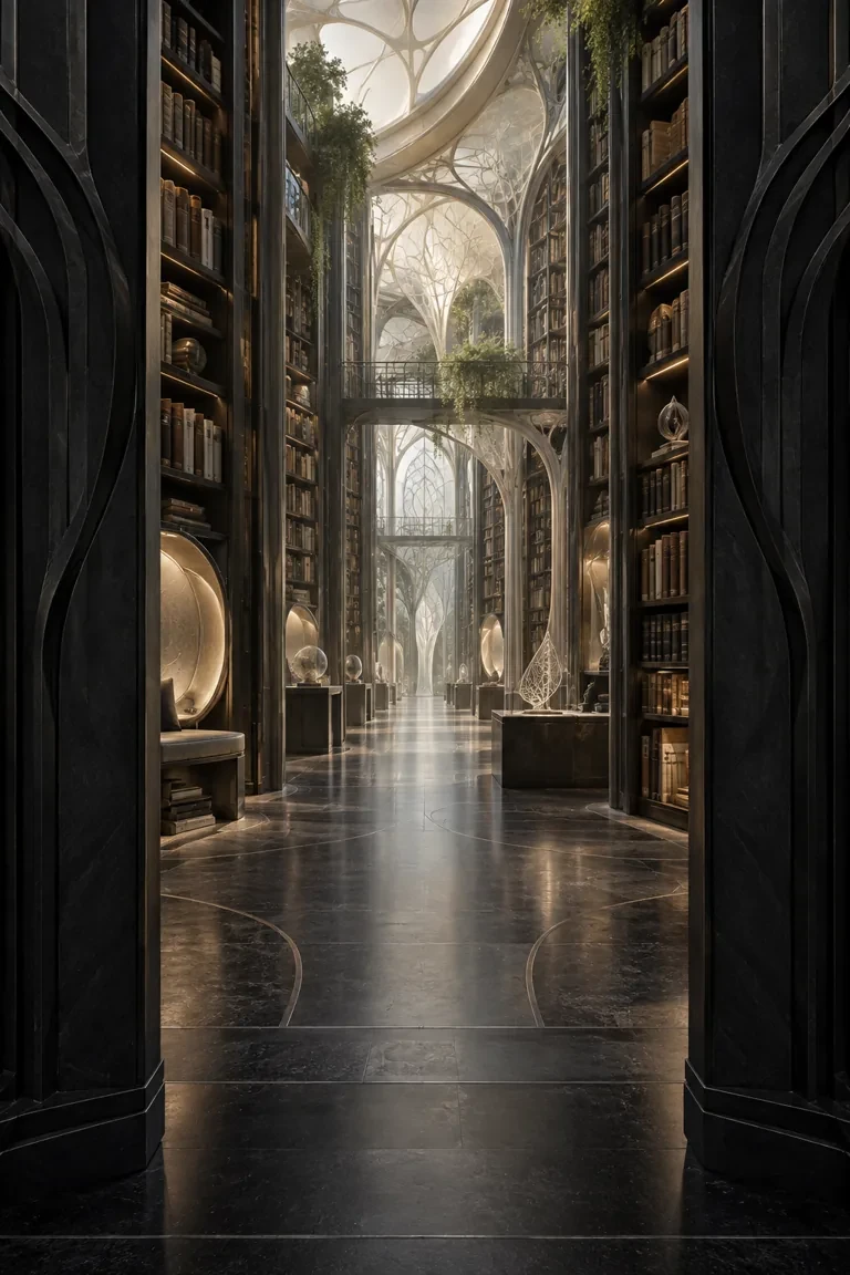 AI-generated illustration of the Posthuman futures section of a speculative-fiction library.