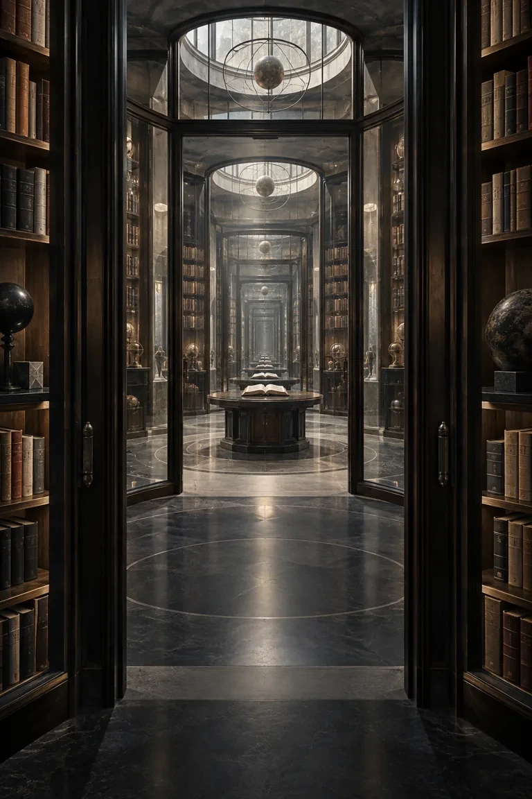 AI-generated illustration of the Reality & simulation section of a speculative-fiction library.