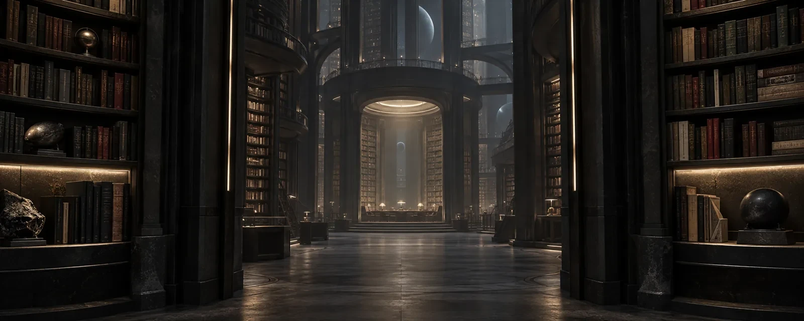 AI-generated illustration of an immense speculative-fiction library entrance.